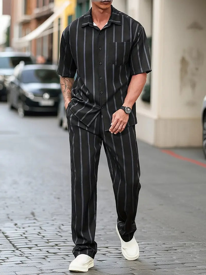 Men's Striped Shirt and Elastic Waist Pants Set