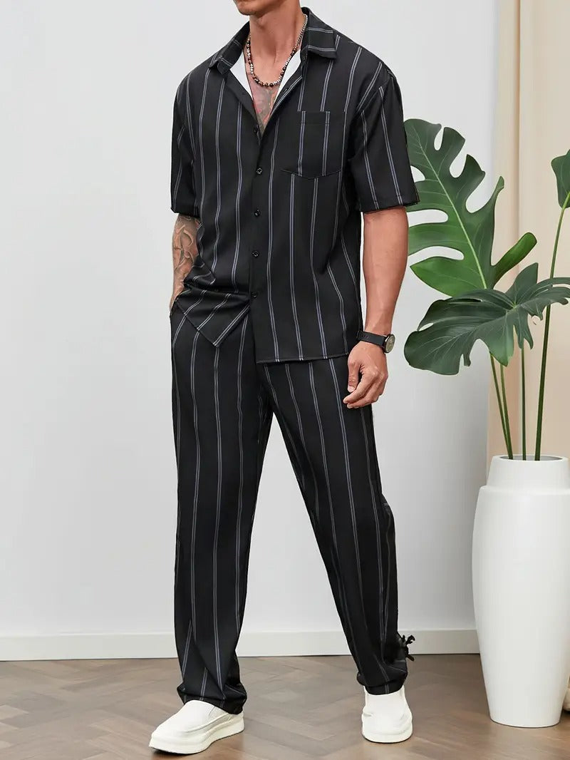 Men's Striped Shirt and Elastic Waist Pants Set