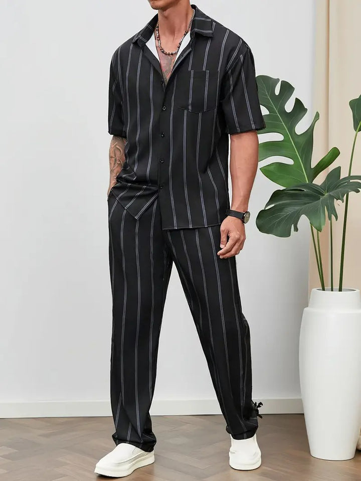 Men's Striped Shirt and Elastic Waist Pants Set